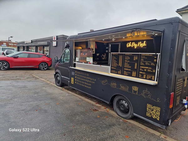 Oh My Nosh Catering serving outside Alf Englands Motorcycle shop, Nuneaton Road, Bedworth